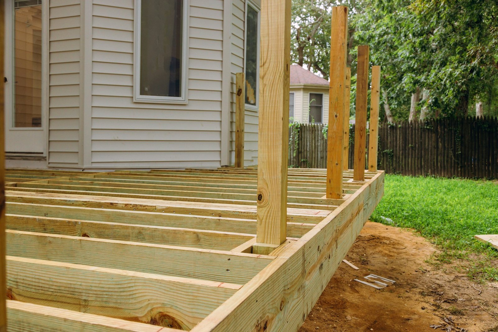 New deck patio with modern wooden deck installing wood floor for patio